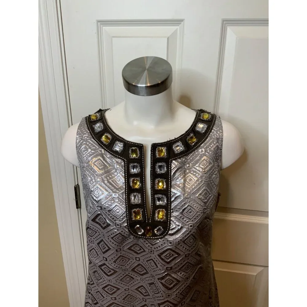 Tory Burch Silver Diamond Jacquard Jewel Neck Shift Dress, Size 10